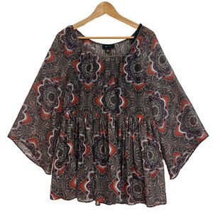 AB Studio Floral Paisley Sheer Blouse Women's Large Boho Flared Hippie Babydoll